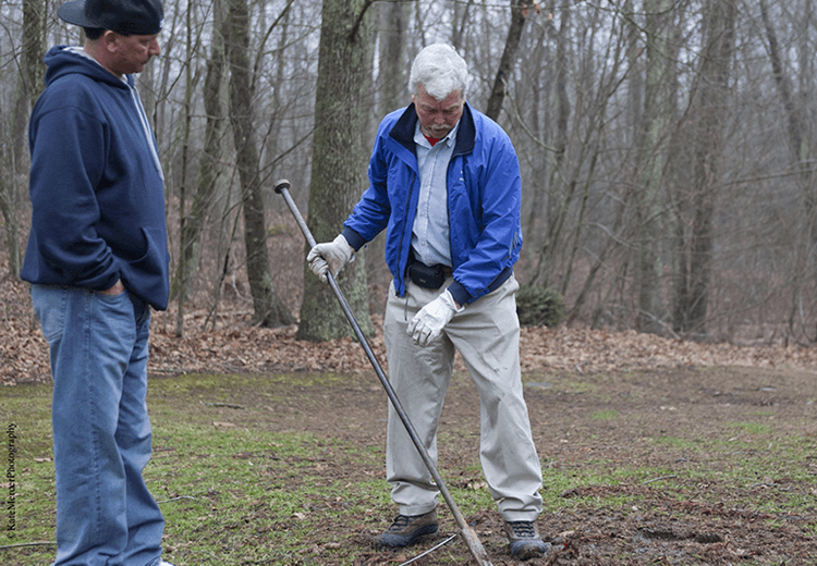 Septic Inspection (Tom Morgan with Client in backyard, digging) | Sound Home Inspection | CT & RI